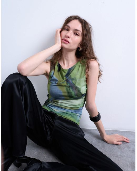 TOPSHOP Green Abstract Print Ruched Side Tank