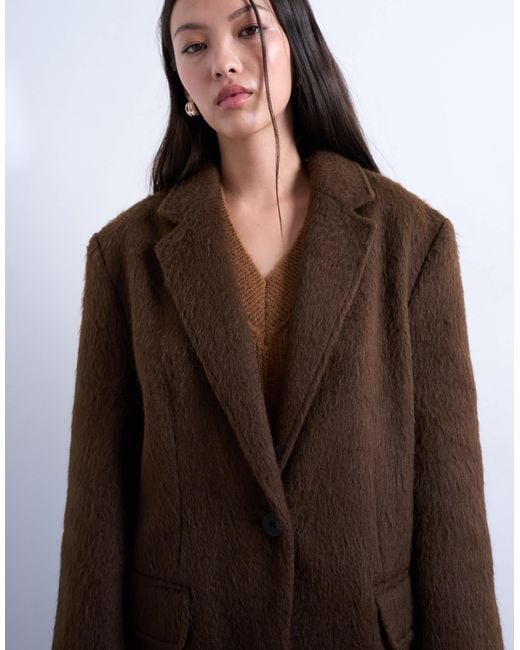 TOPSHOP Brown Long Brushed One Button Blazer Coat With Wool