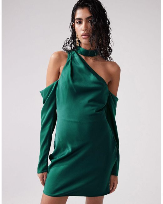 ASOS Green Satin Asymmetric Mini Dress With Cold Shoulder Detail