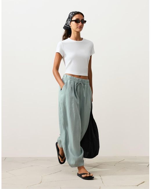 Oysho White 100% Linen Pleated Balloon Trousers