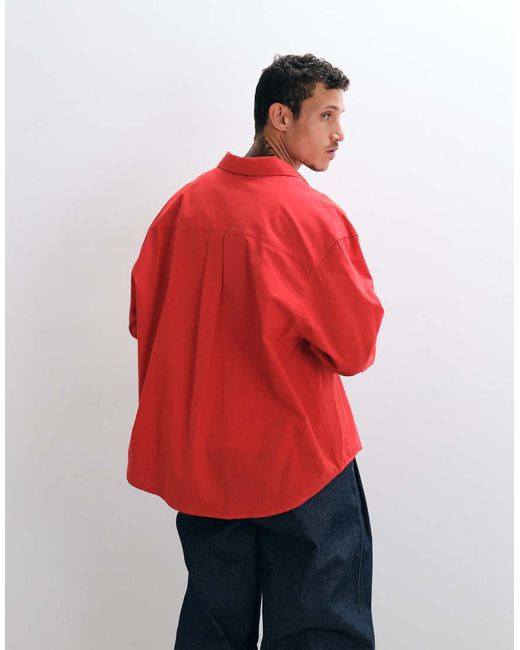 ASOS Red Oversized Poplin Shirt With Chest Embroidery for men