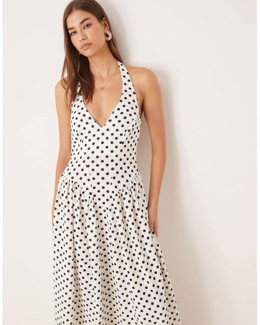 ASOS Natural Halter Neck Corset Detail Midi Dress With Godets