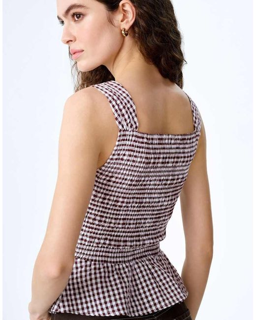 OMNES White Tops Rain Cotton Seersucker Gingham Top With Peplum Frill