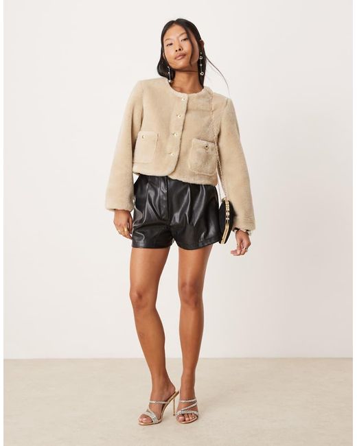 ASOS Natural Asos Design Petite Collarless Bonded Borg Jacket