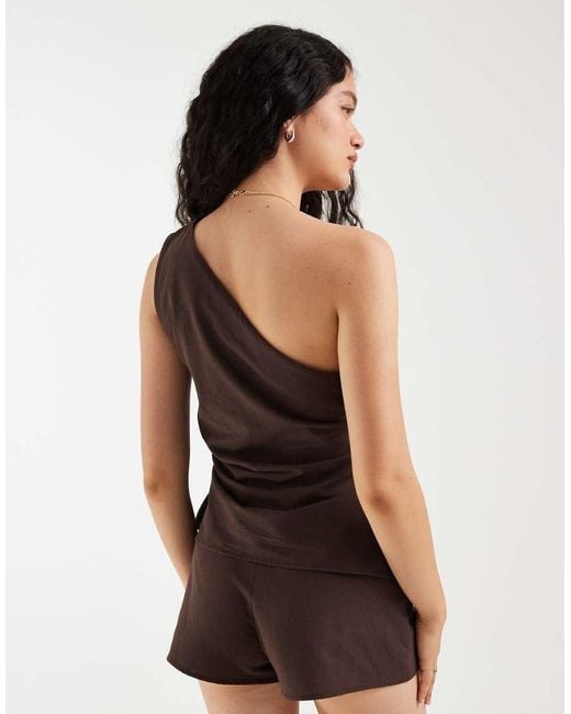 ASOS Black Linen Blend Ruched Asym One Shoulder Top In