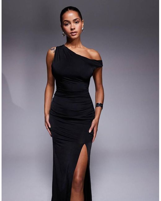 Vestito Monospalla Con Gonna Al Polpaccio E Spacco Sulla Coscia di TFNC London in Blue