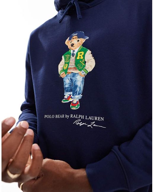 Polo Ralph Lauren Blue Varsity Football Bear Print Hoodie for men