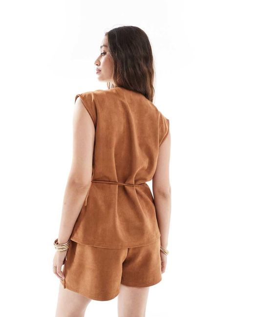 Object Brown Faux Suede Tie Waist Waistcoat Co-ord
