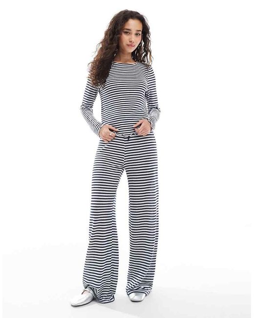 Object Geribbelde Gestreepte Broek Van Jersey Met Wijde Pijpen in het Blue