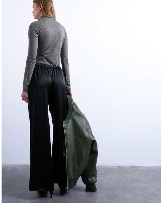 Pantalones Negros De Pernera Ancha Con Lazada En La Cintura De Satén De TOPSHOP de color White