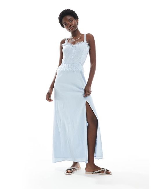 Miss Selfridge Blue Cheesecloth Maxi Corset Dress With Ribbon Trims