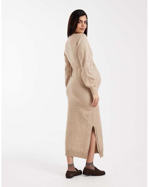 Mama.licious Natural Mamalicious Maternity Knitted Belted Blouson Sleeve Maxi Dress