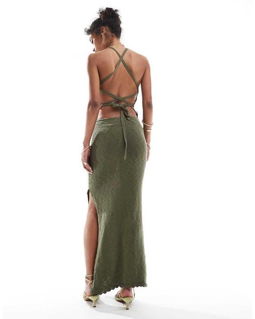 Bershka Flower Applique Knitted Maxi Dress in Green | Lyst UK