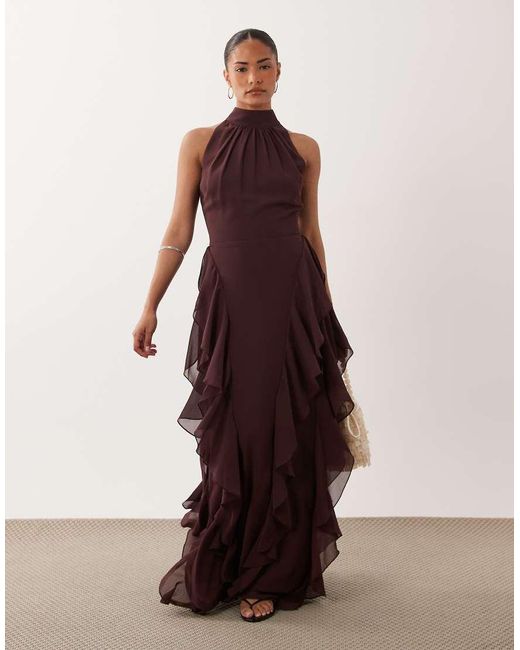 LACE & BEADS Brown High Neck Backless Ruffle Maxi Dress