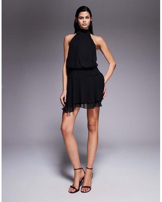 Fashionkilla Black Exclusive Chiffon Halterneck Foldover Detail Ruffle Skirt Mini Dress
