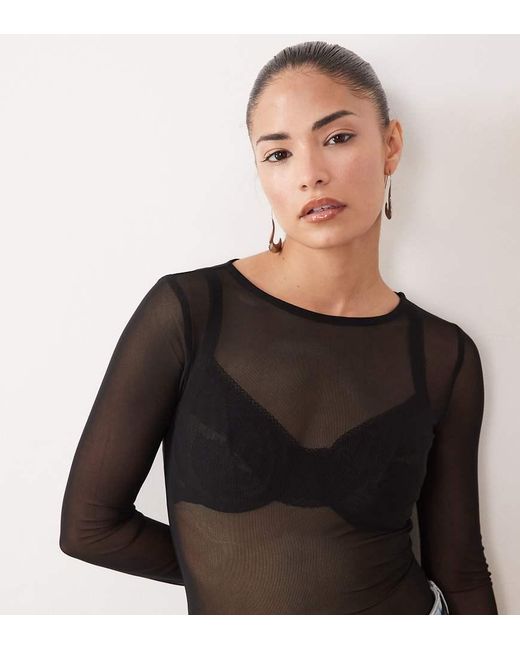 Body De Manga Larga De Malla De Asos Design Petite ASOS de color Black