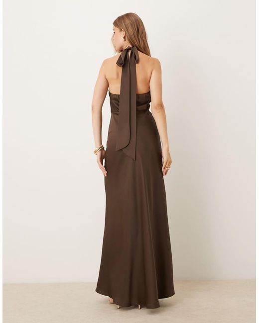 Six Stories Brown Twist Front Satin Maxi Dress