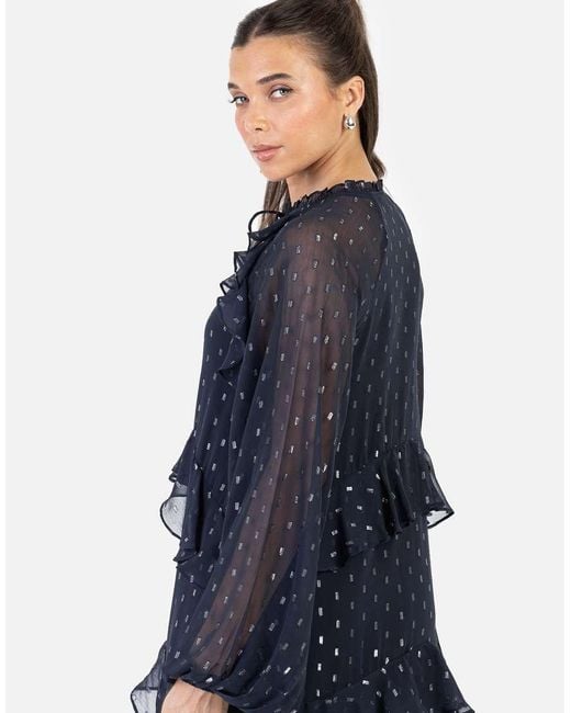 ANAYA Blue Foil Chiffon Long Sleeve High Neck Ruffled Maxi Dress