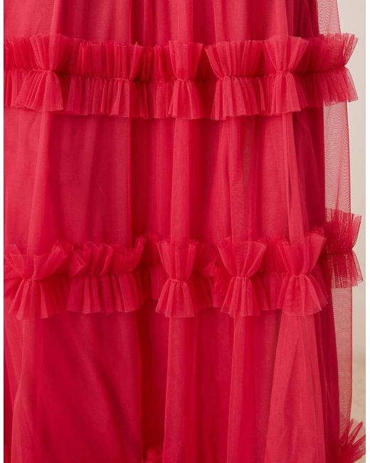 LACE & BEADS Maxi-Jurk Met Korset, Ballonmouwen En Ruches in het Red