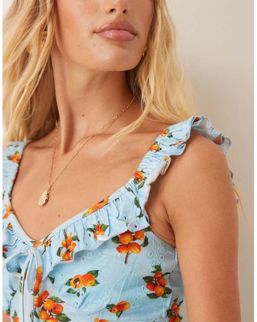 ASOS Blue Broderie Frill Detail Cami Top With Bow Detail