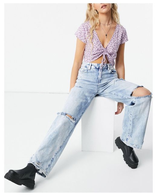 Bershka Denim 90's Jeans Met Wijde Pijpen En Kniescheuren in het Blauw -  Bespaar 8% | Lyst NL