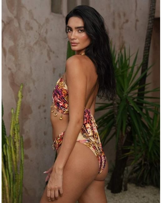 Moda Minx Brown X Zoe Servini Floral Print High Waisted Bikini Bottoms With Bead Detail
