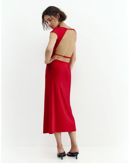 Pull&Bear Red Short Sleeve Midi Dress