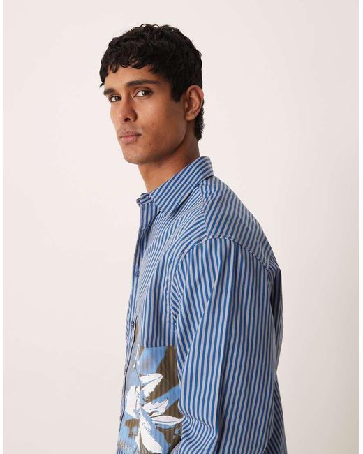 ASOS Blue Oversized Stripe Poplin Shirt With Print Detail for men