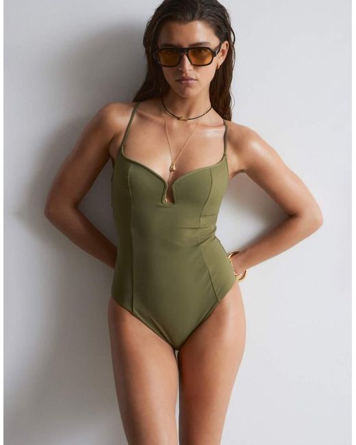 & Other Stories Green Ribbed U-front Swimsuit