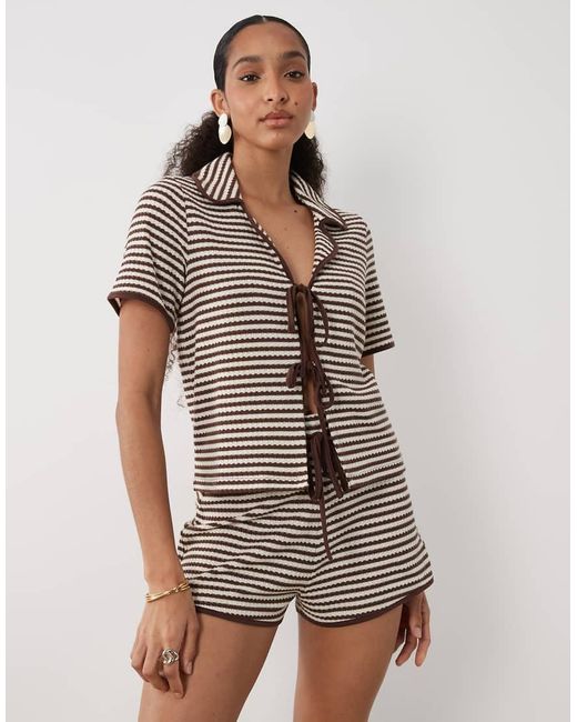 Brave Soul Brown Co-Ord Tie Front Crochet Shorts