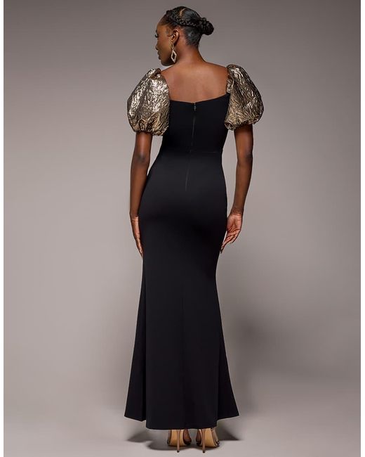Goddiva Black Jacquard Puff Sleeve Sweetheart Maxi Dress