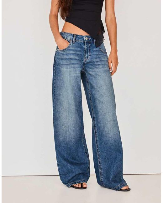 Bershka Blue Embroidered Baggy Jeans