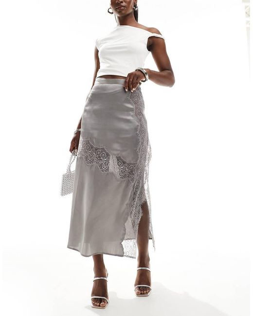 ASOS Gray Satin Midi Skirt With Lace Inserts