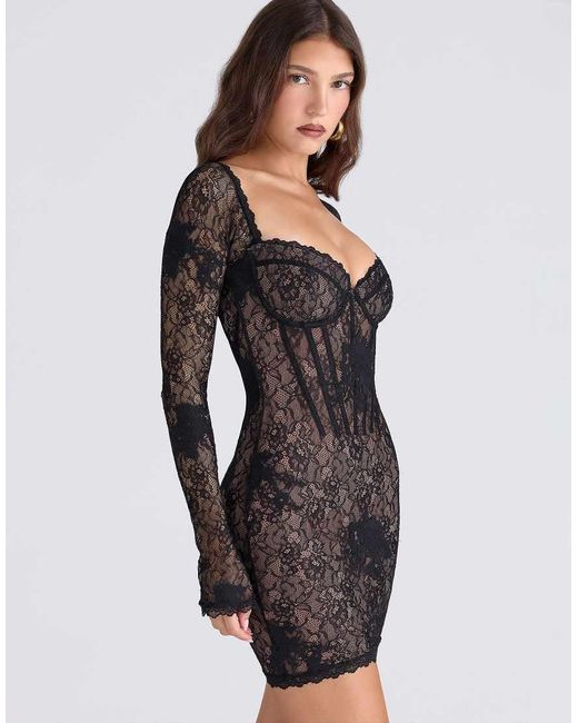 House Of Cb Black Lucienne Stretch Embroidered Floral Lace Mini Dress