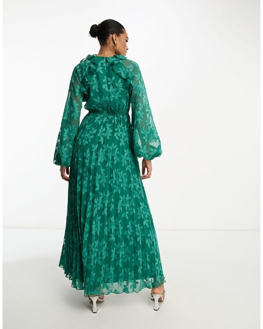 ASOS Green Asos Design Tall Floral Jacquard Burnout Pleated Midi Dress With Ruffle Neck And Open Back