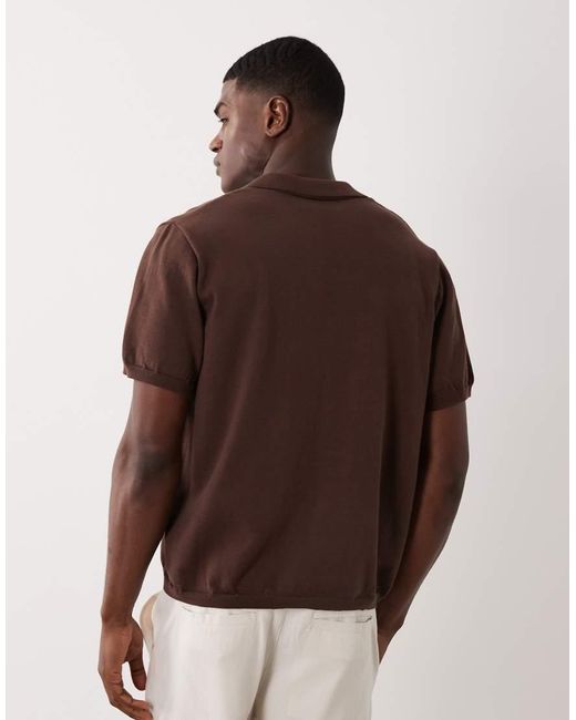 ASOS Brown Oversized Knitted Short Sleeve Notch Neck Polo With Flower Embroidery for men