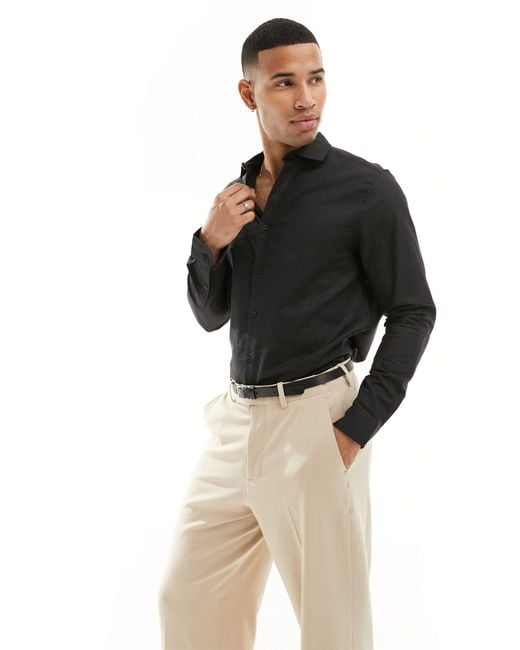 ASOS Black Regular Smart Linen Shirt With Cut Away Collar for men