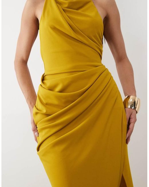 ASOS Metallic Ruched Waist High Neck Maxi Dress With Open Back