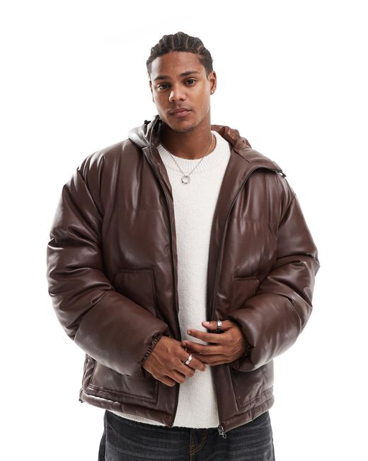 ASOS Brown Faux Leather Puffer Jacket With Hood for men