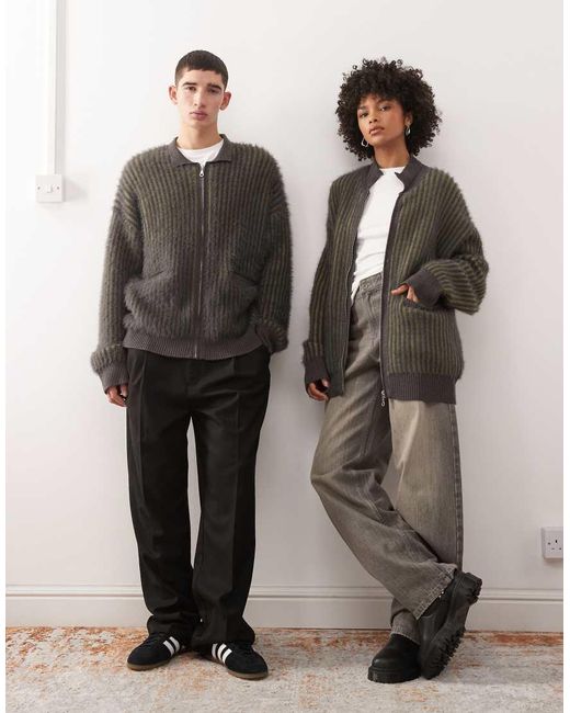 The Ragged Priest Black Unisex Fuzzy Ribbed Zip Through Cardigan for men