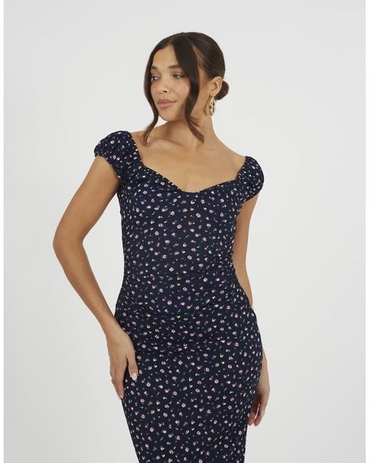 Brave Soul Blue Jersey Cap Sleeve Floral Textured Maxi Dress