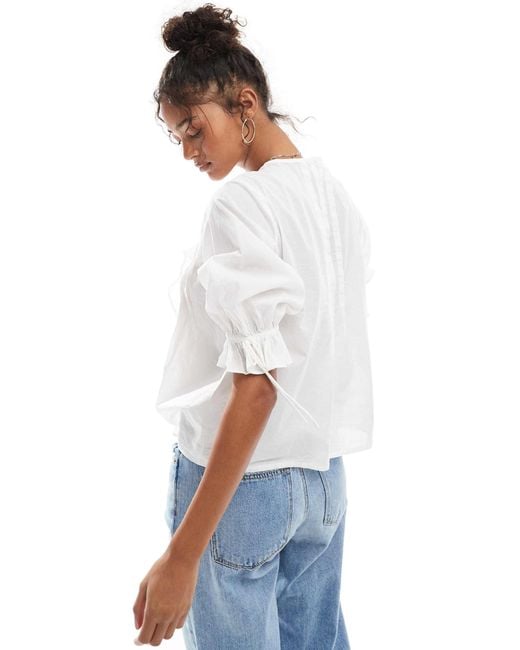 ASOS White Ruffle Front Top With Pleat Detail And Tie Front