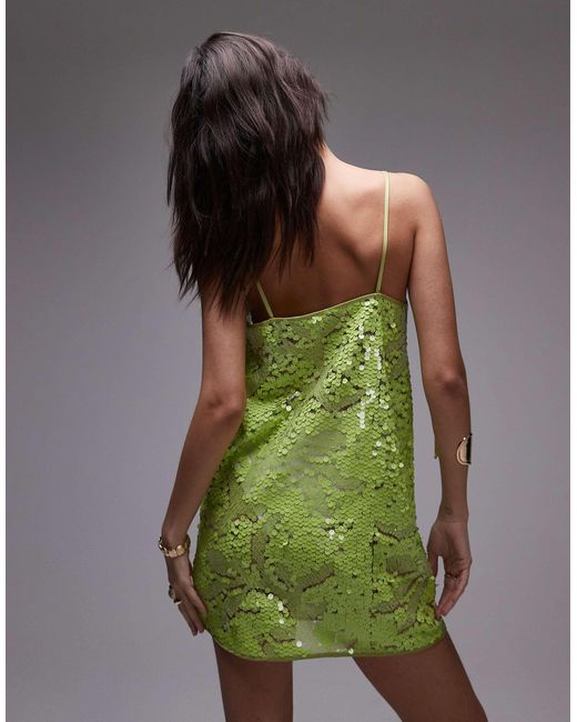 TOPSHOP Green Mixed Sequin Scoop Cami Mini Dress