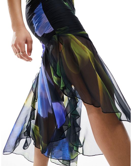 ASOS Black Chiffon Shirred Bodice Strappy Midi Dress With Asymmetric Tendril Hem