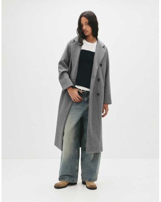 Pull&Bear Gray Long Double-breasted Coat