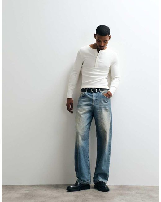 Collusion White Ribbed Muscle Long Sleeve Henley T-Shirt Top for men