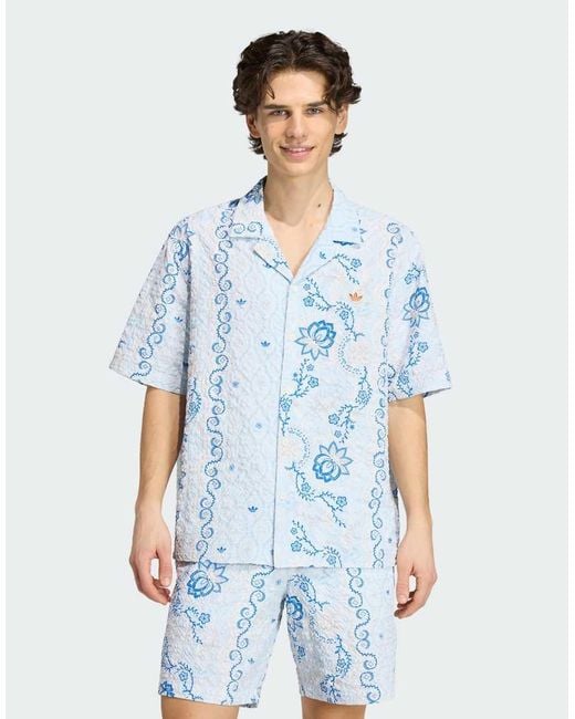 Adidas Originals Blue Printed Seersucker Resort Shirt for men