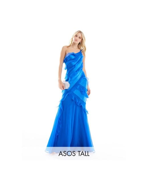 ASOS Blue Asos Design Tall One Shoulder Ruffle Maxi Dress With Satin Chiffon Mix