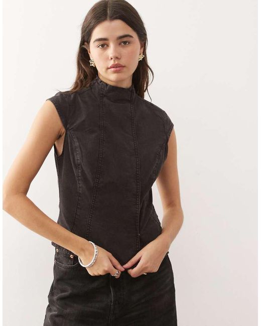 Weekday Black High Neck Cap Sleeve Top