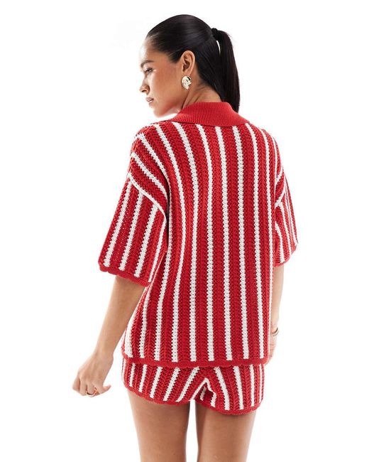 ASOS Red Stripe Scallop Edge Knitted Shirt Co-ord